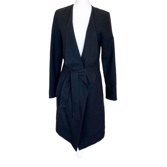 Alpha60 Drape Front Wool Blend Tie Front Jacket Black Fleck Mid Length Size XS - Picture 2 of 9